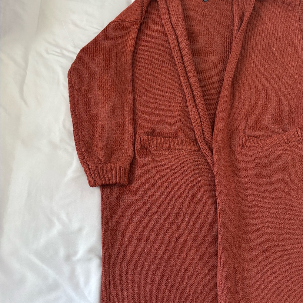 Rust-Red Long Open-Front Knit Cardigan - Picture 4 of 5